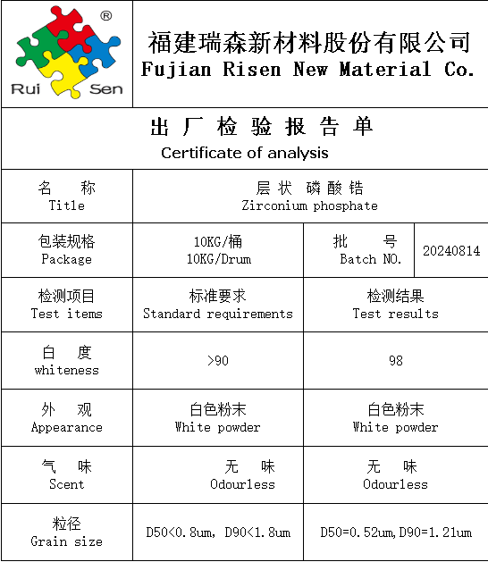 層狀磷酸鋯(磷酸氫鋯)產(chǎn)品檢驗(yàn)報(bào)告單